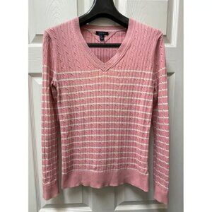 Tommy Hilfiger Women's Medium Pink & White Striped V-Neck Cable Knit Sweater